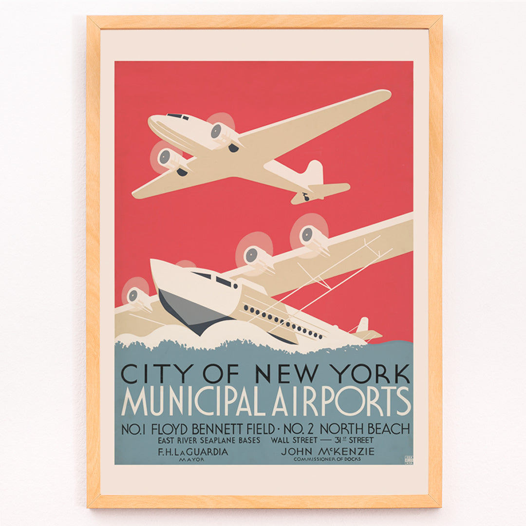 Closeup detail of Vintage poster of stylized airplanes flying over water for City of New York municipal airports featuring bold artwork title and locations Floyd Bennett Field and North Beach