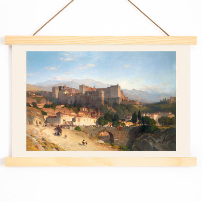 Scenic landscape view of the Alhambra in Granada by Samuel Colman poster titled The Hill of the Alhambra, with wooden magnetic frame on white background