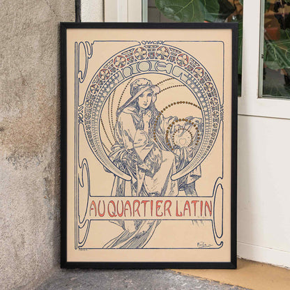 Alphonse Mucha Au Quartier Latin poster, graceful woman in Art Nouveau linework, beige and blue tones, framed and displayed in modern living room decor