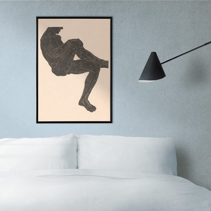 Anatomical illustration of human leg muscles in a seated figure poster by Reijer Stolk, framed and displayed in home decor
