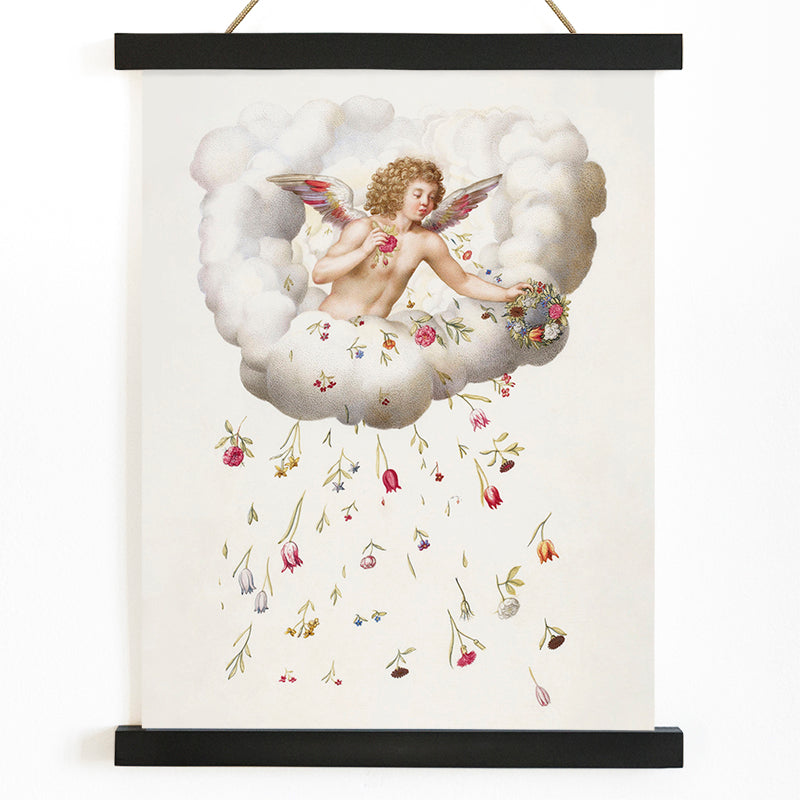 Angel or cherub with wings sitting on a cloud scattering flowers La Guirlande de Julie illustration artwork poster, with wooden magnetic frame on white background
