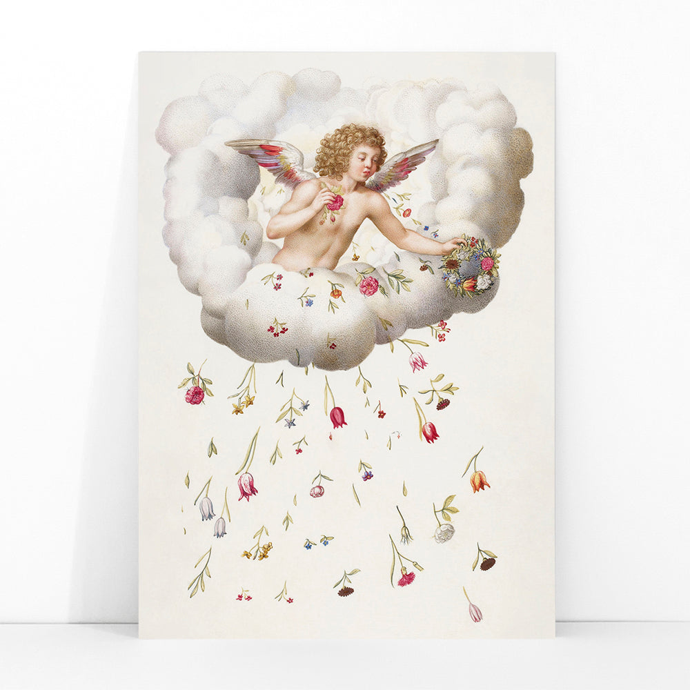Angel or cherub with wings sitting on a cloud scattering flowers La Guirlande de Julie illustration artwork poster, framed and displayed in modern living room decor