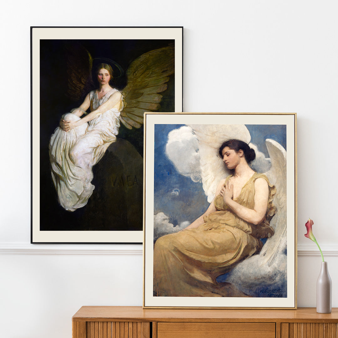 Winged Figure by Abbott Handerson Thayer serene angelic woman with white wings seated among clouds painting and poster, framed and displayed in home decor