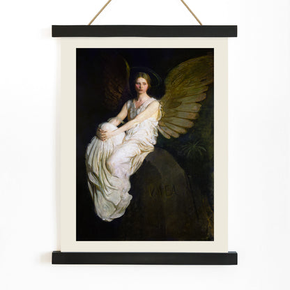 Serene angel with golden wings in white robes seated artwork Stevenson Memorial by Abbott Handerson Thayer poster, with wooden magnetic frame on white background