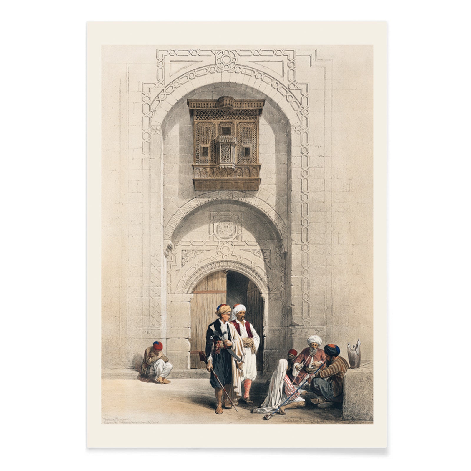 Modern mansion with arabesque architecture in Cairo by David Roberts featuring people in traditional attire poster, with black aluminium frame on white background