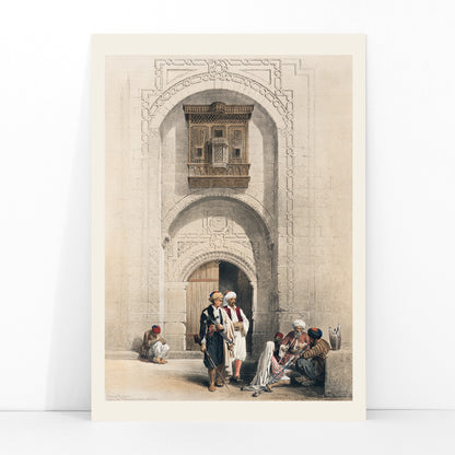 Modern mansion with arabesque architecture in Cairo by David Roberts featuring people in traditional attire poster, framed and displayed in modern living room decor