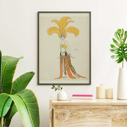 Elegant oriental dancer in elaborate orange costume with headdress from Danseuse en costume oriental by George Barbier poster, framed and displayed in home decor
