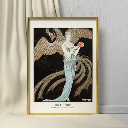 Elegant woman in blue evening dress with majestic bird Sortileges Evening dress by George Barbier art deco poster, framed and displayed in home decor