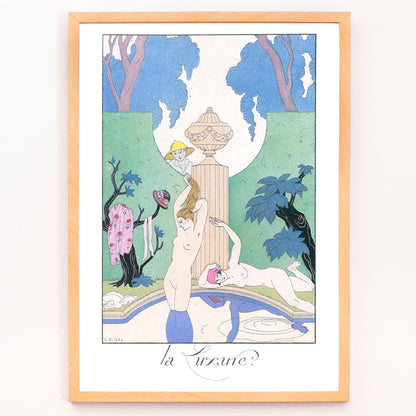 Closeup detail of Art Deco poster La Luxure by George Barbier featuring elegant nude women lounging by a fountain in a decorative garden scene