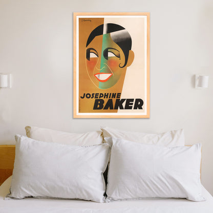 Art Deco poster of Josephine Baker by J Chassaing featuring bold geometric shapes and modern colorful style, framed and displayed in home decor