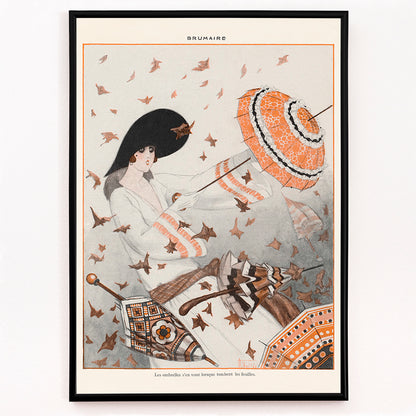 Closeup detail of Brumaire by Armand Vallee poster featuring an elegant woman with a parasol surrounded by autumn leaves and wind