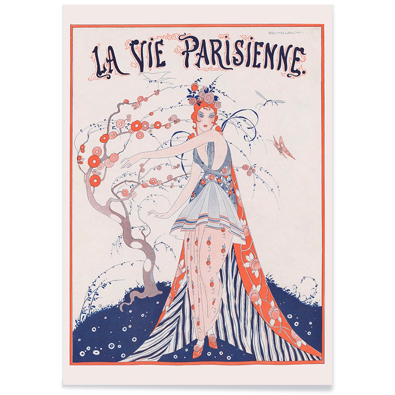Elegant Art Deco poster of a woman in a floral dress standing by a blossoming tree La Vie Parisienne by Umberto Brunelleschi, with black aluminium frame on white background