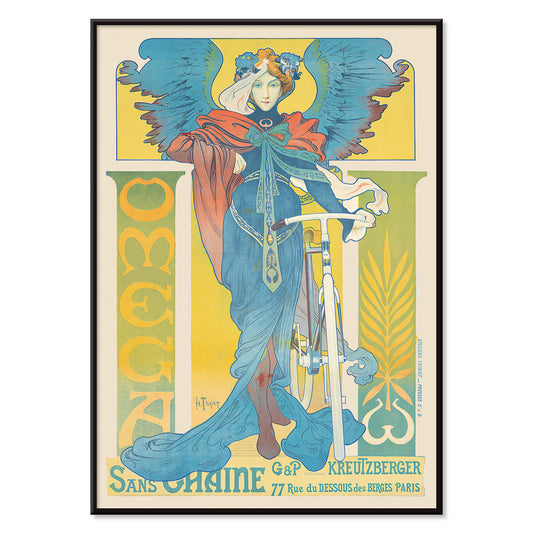 Art Nouveau poster by Henri Thiriet Omega featuring a woman in flowing robes with wings beside a bicycle colorful illustration and decorative text, with black aluminium frame on white background