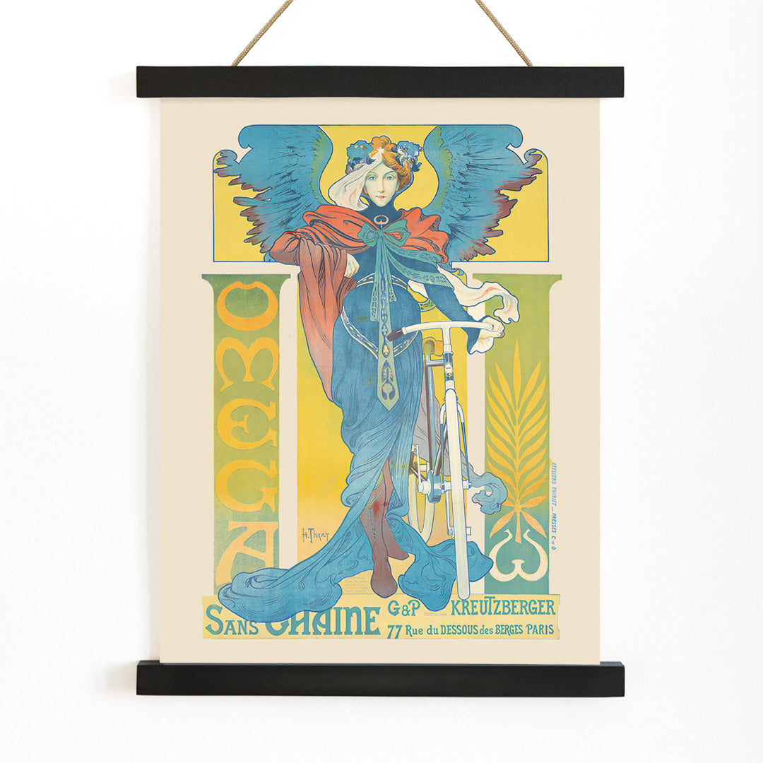 Art Nouveau poster by Henri Thiriet Omega featuring a woman in flowing robes with wings beside a bicycle colorful illustration and decorative text, with wooden magnetic frame on white background