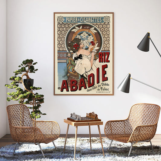 Art nouveau posters by Alphonse Mucha featuring women with floral backgrounds and Riz Abadie cigarette papers, framed and displayed in home decor