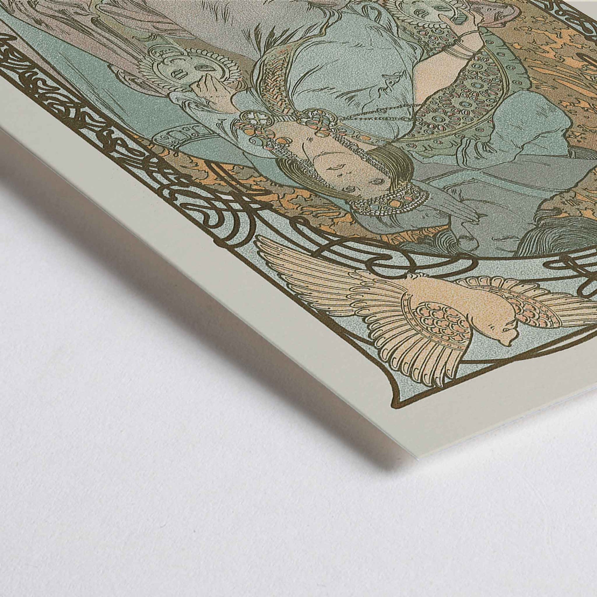 Closeup detail of Alphonse Mucha Ilsee Princesse de Tripoli poster with elegant woman in flowing robes ornate floral lines and soft pastel tones