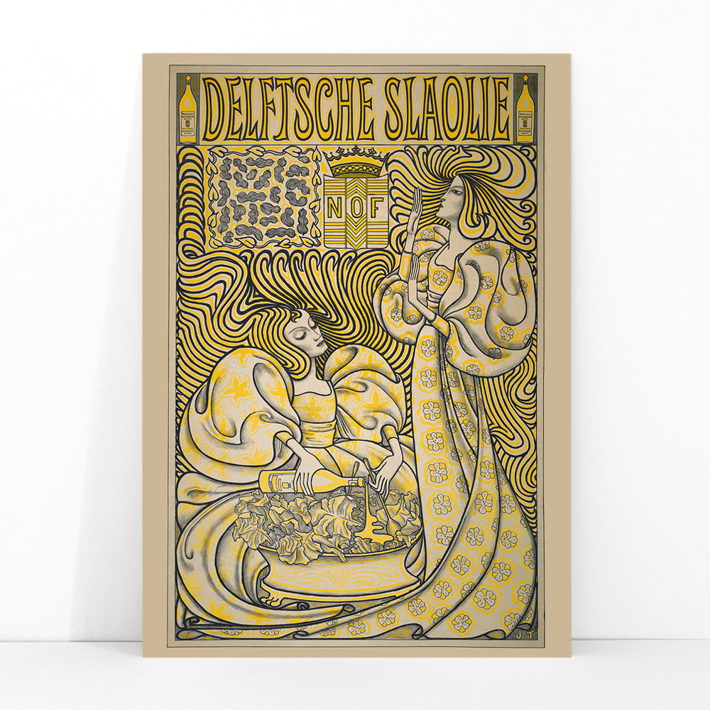 Poster of two women in flowing dresses with decorative swirling patterns and a salad oil bottle Delft Salad Oil by Jan Toorop, framed and displayed in modern living room decor
