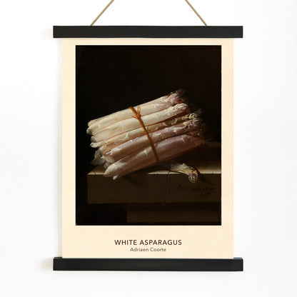 Still life painting of white asparagus on a table by Adriaen Coorte poster artwork, with wooden magnetic frame on white background