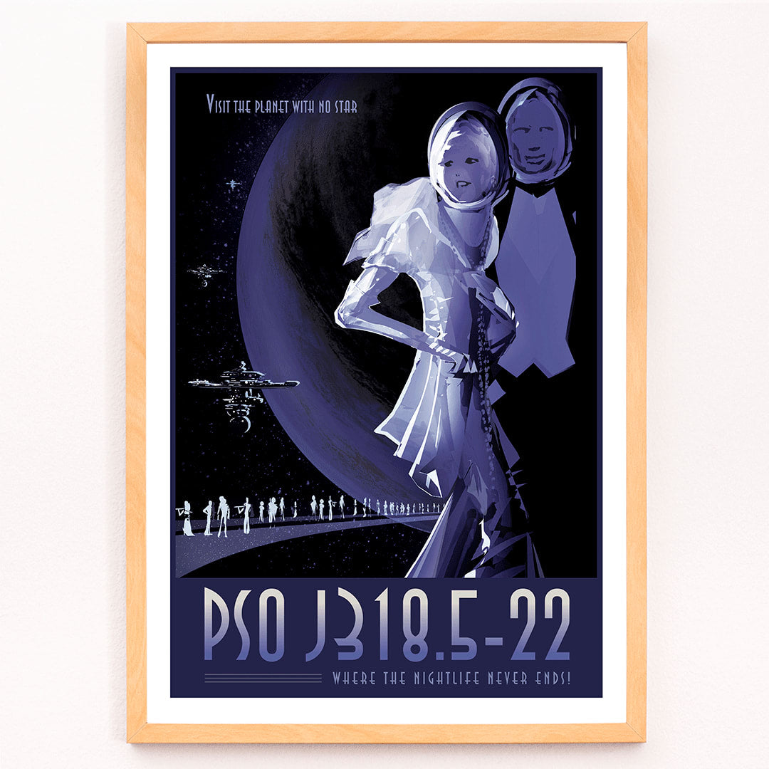 Futuristic space travelers and two figures in space suits with planet backdrop at exoplanet PSO J318.5-22 where the nightlife never ends by NASA, framed and displayed in modern living room decor
