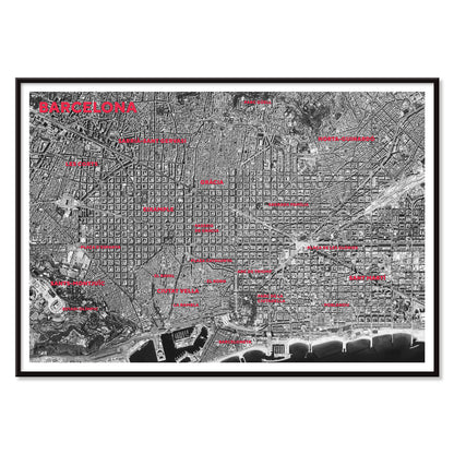 Moryarty Barcelona satellite city map poster in bold black and white aerial style showing city grid districts landmarks monuments and coastline, with black aluminium frame on white background