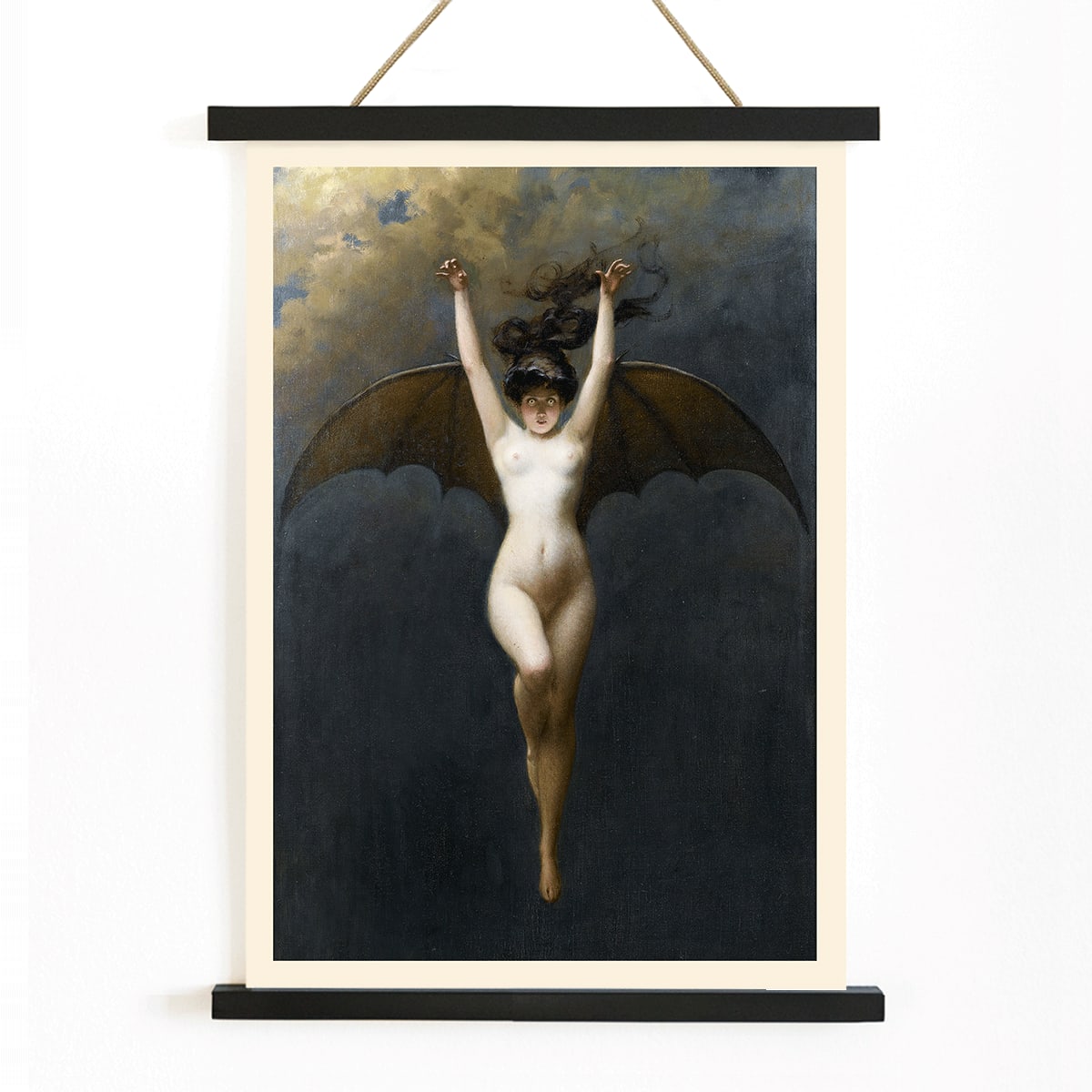 The Bat-Woman by Albert Joseph Penot artwork showing a woman with bat wings against a cloudy dark sky, with wooden magnetic frame on white background