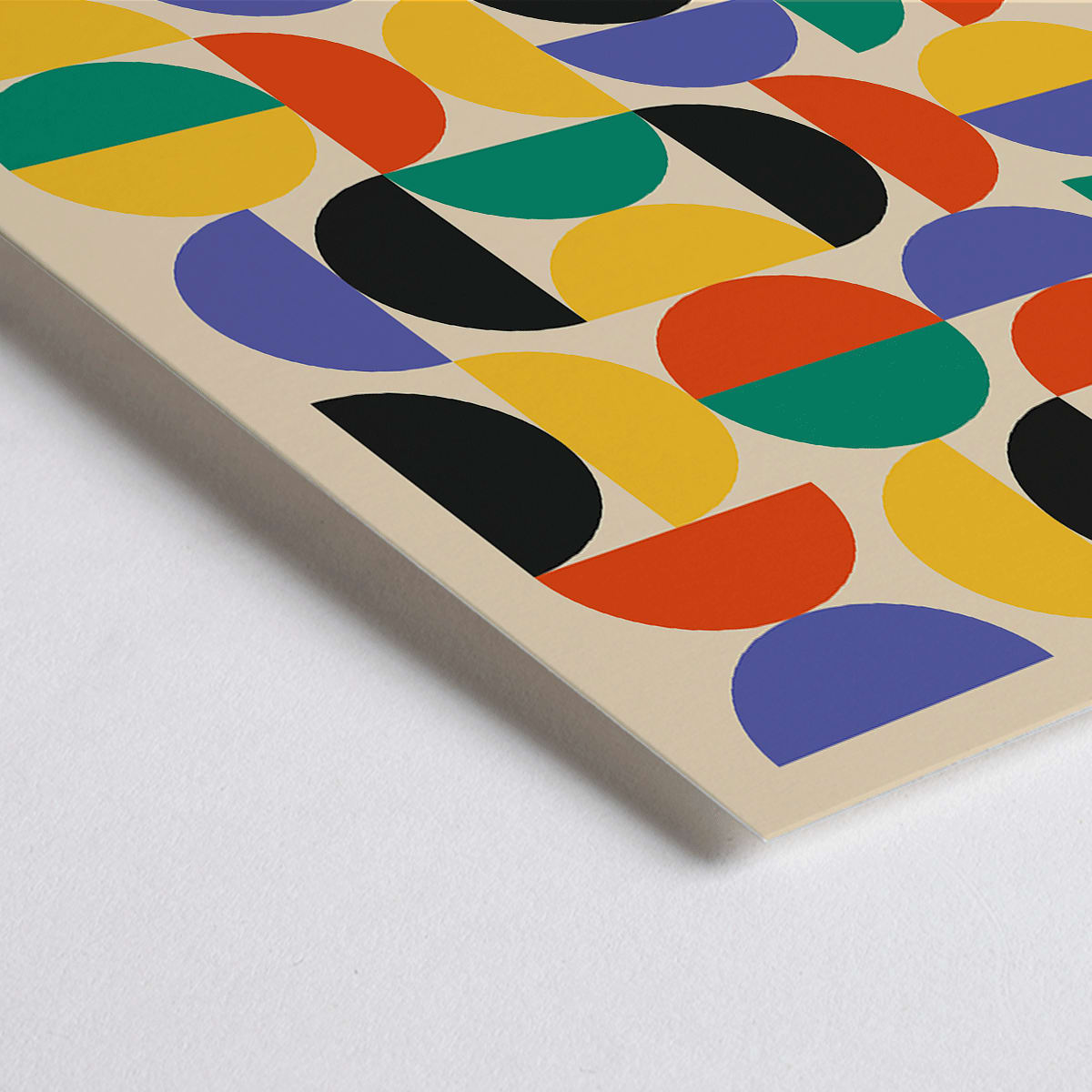 Closeup detail of Bauhaus Poster 11 with colorful geometric shapes in a grid pattern inspired by the Weimar Exhibition artwork