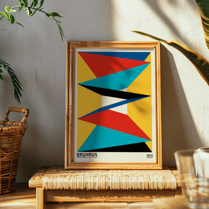 Geometric abstract Bauhaus poster 16 featuring vibrant geometric shapes in red blue black and yellow arranged symmetrically framed artwork, framed and displayed in home decor