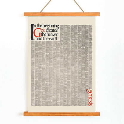 Genesis typography artwork and poster by Herb Lubalin with text In the beginning God created the heaven and the earth featuring the first pages of Genesis, with wooden magnetic frame on white background