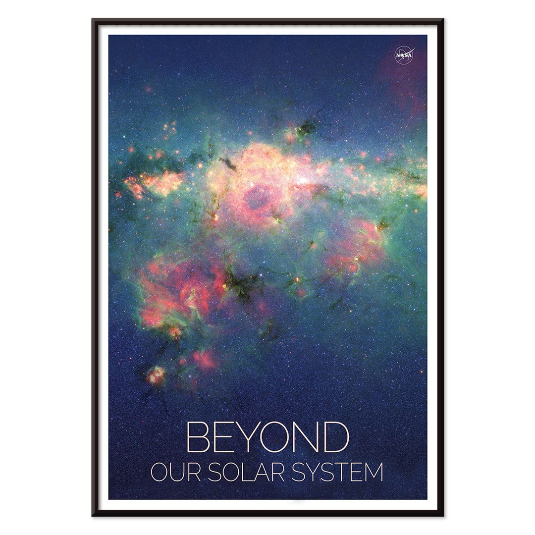 Vibrant nebula poster Beyond Our Solar System by NASA with galaxy background and text, with black aluminium frame on white background
