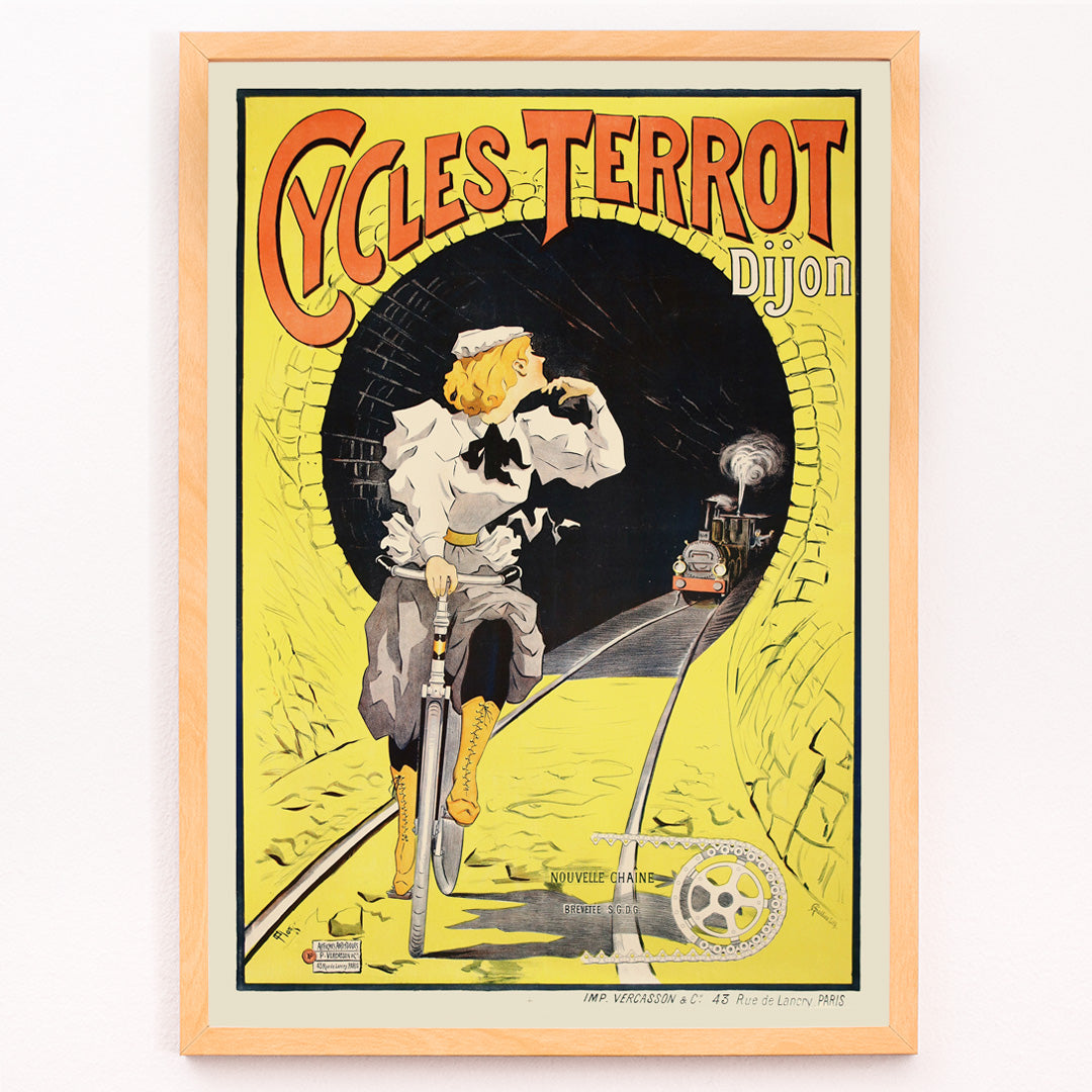 Closeup detail of Vintage poster of a woman riding a bicycle in a tunnel with a train approaching Cycles Terrot Dijon artwork