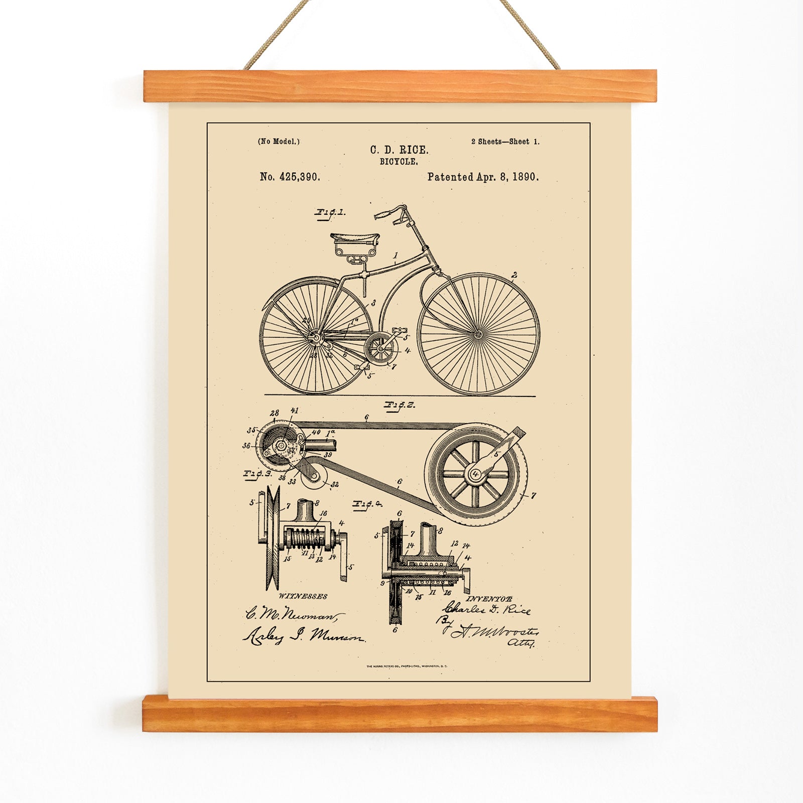 Bicycle technical illustration and mechanical parts drawing by C D Rice from Bicycle patent displayed on vintage background, with wooden magnetic frame on white background