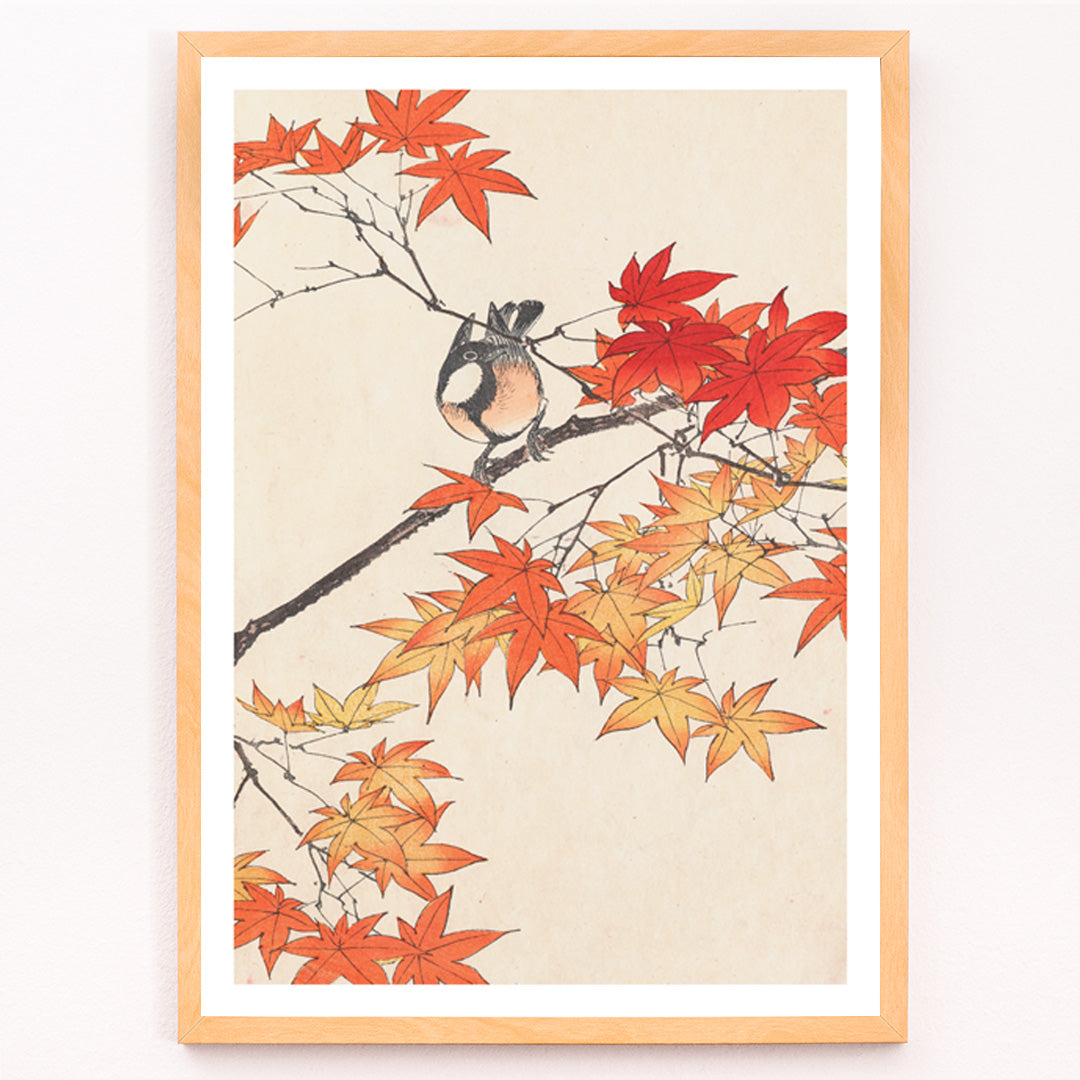 Closeup detail of Bird on tree branch with autumn red and orange leaves Keinen kacho gafu by Imao Keinen Japanese art print