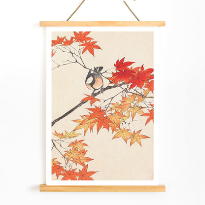 Bird on tree branch with autumn red and orange leaves Keinen kacho gafu by Imao Keinen Japanese art print, with wooden magnetic frame on white background