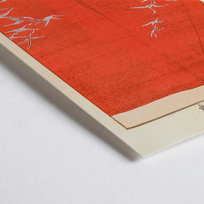 Closeup detail of Seikō Ueno Yachigusa volume 15 plate 23 poster featuring white birds flying on vibrant red background artwork