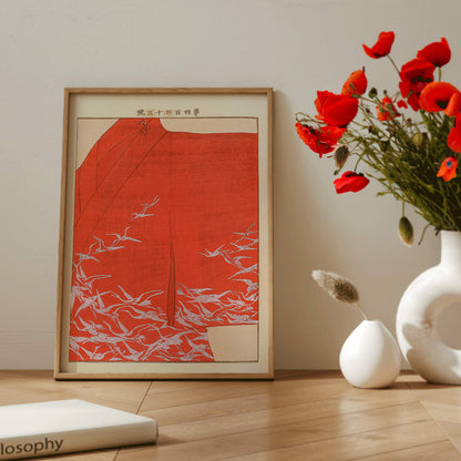 Seikō Ueno Yachigusa volume 15 plate 23 poster featuring white birds flying on vibrant red background artwork, framed and displayed in home decor