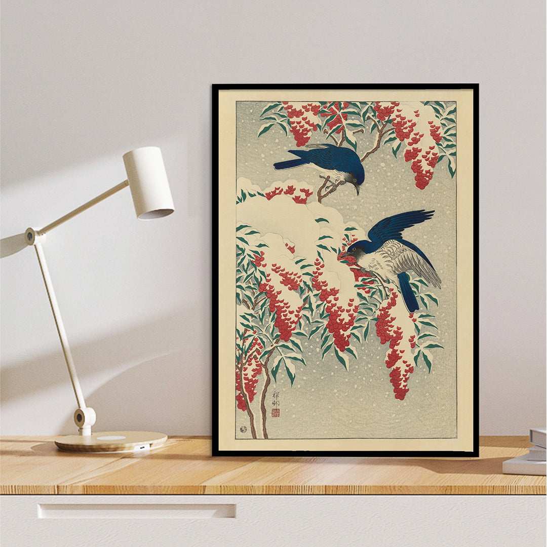 Two blue flycatchers on snow covered nandina bush artwork by Ohara Koson poster, framed and displayed in home decor