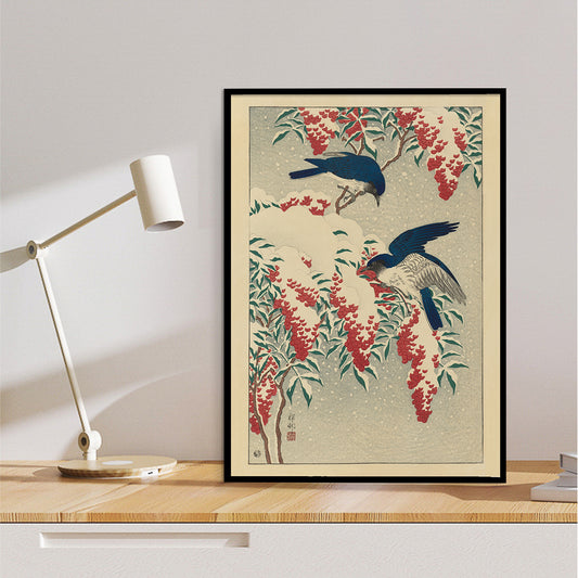 Two blue flycatchers on snow covered nandina bush artwork by Ohara Koson poster, framed and displayed in home decor