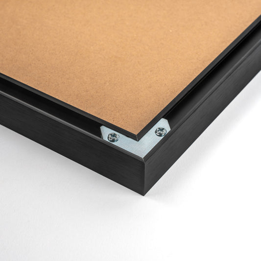 Black aluminium picture frame with a sleek, modern design and elegant finish, suitable for displaying photos or artwork in any décor., back corner closeup picture