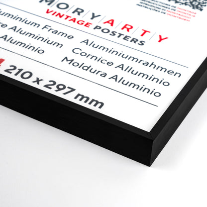 Black aluminium picture frame with a sleek, modern design and elegant finish, suitable for displaying photos or artwork in any décor., front corner closeup picture