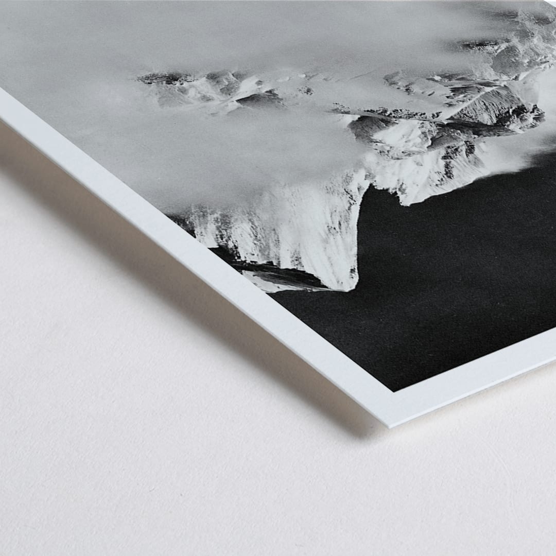 Closeup detail of Black and white photo by Vittorio Sella of mountaineers trekking toward K2 over the Godwin Austen glacier titled Le pic K2 vue prise du glacier Godwin Austen