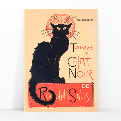 Black cat poster with bold red and yellow accents Tournee du Chat Noir artwork by Theophile Alexandre Steinlen, framed and displayed in modern living room decor
