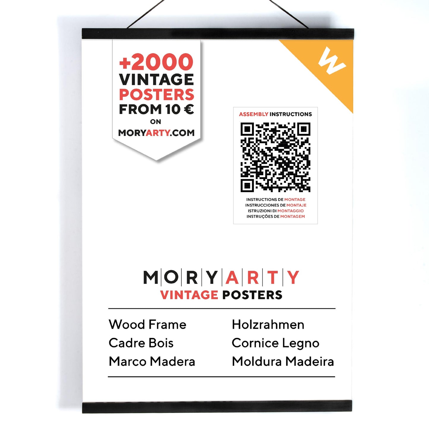 Black Pine magnetic wood frame with two sleek wooden bars and a simple rope for hanging, displaying a poster on a wall in a modern, elegant setting, full front picture