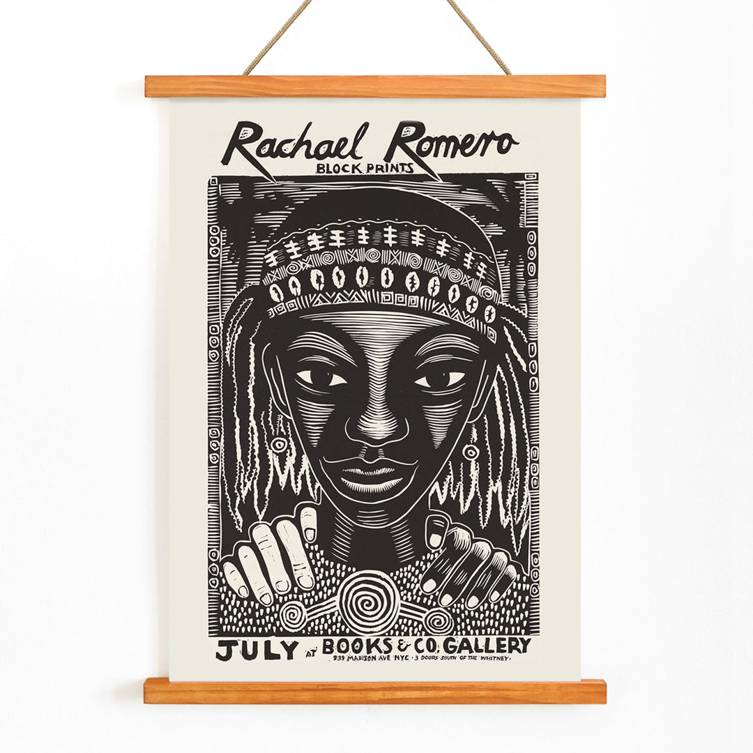 Black and white portrait block print poster with intricate patterns by Rachael Romero at Books and Co gallery, with wooden magnetic frame on white background