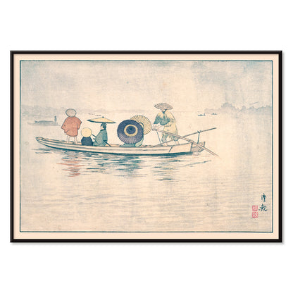 People in traditional Japanese clothing on a boat in the rain near Okawa River Bridge in Spring Rain by Kobayashi Kiyochika Japanese art poster, with black aluminium frame on white background