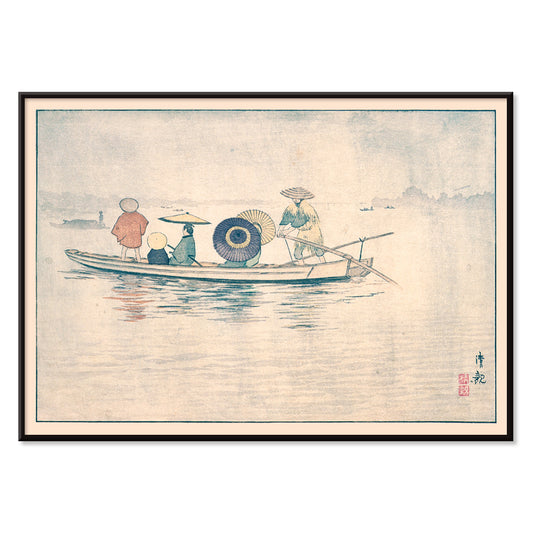 People in traditional Japanese clothing on a boat in the rain near Okawa River Bridge in Spring Rain by Kobayashi Kiyochika Japanese art poster, with black aluminium frame on white background