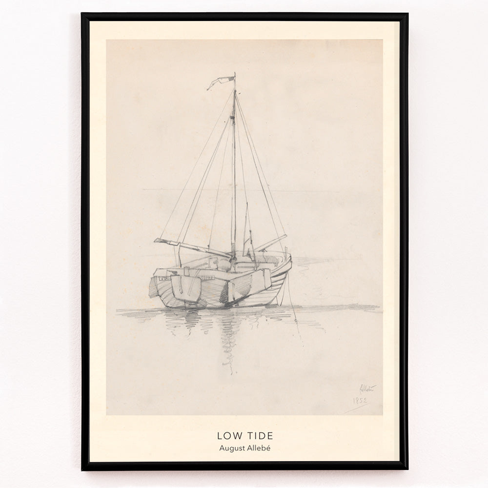 Closeup detail of Pencil drawing poster of a sailboat at low tide on calm water artwork Low Tide by August Allebe