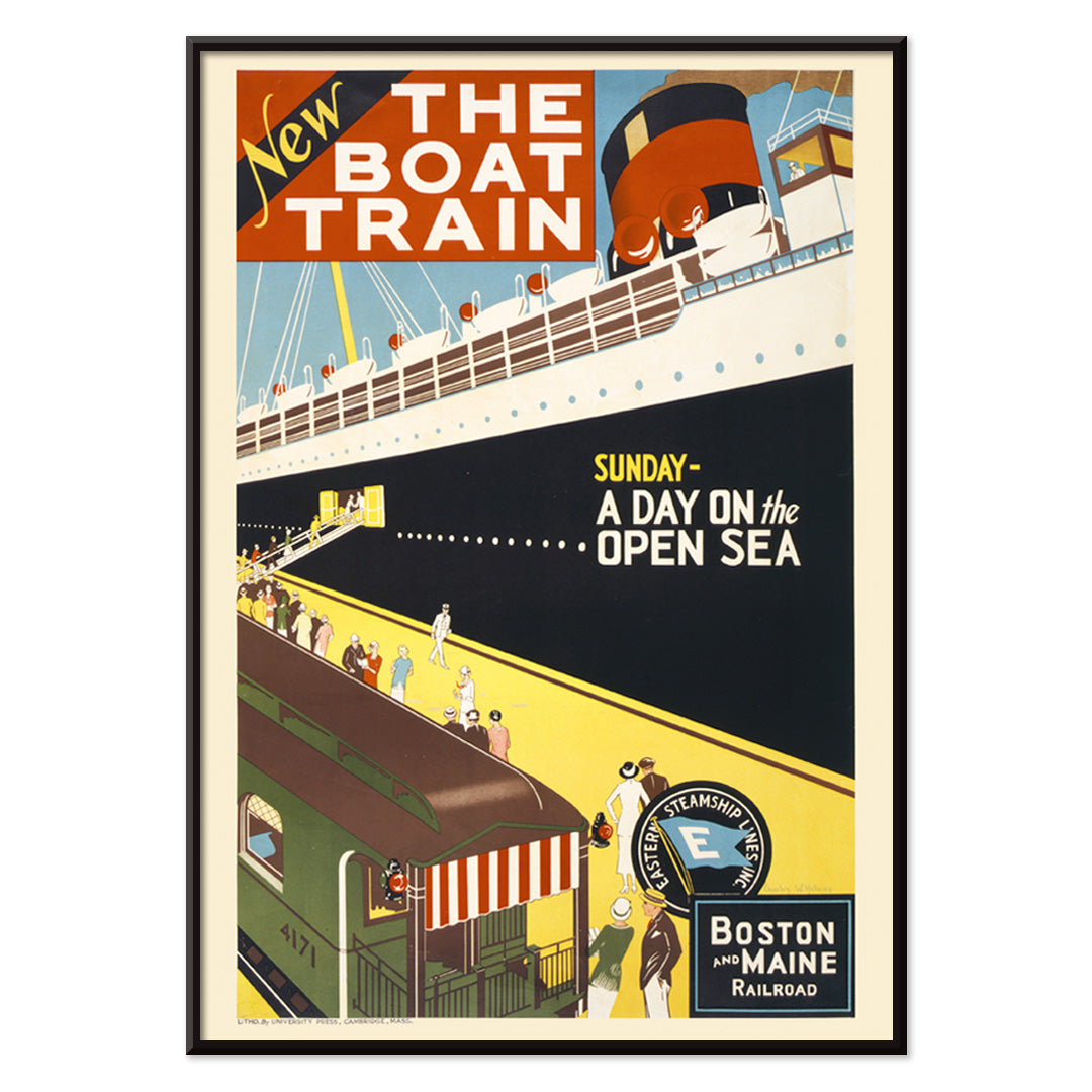 Vintage travel poster by Charles W Holmes showing people boarding a ship from a train platform for a day at sea titled New The boat train, with black aluminium frame on white background