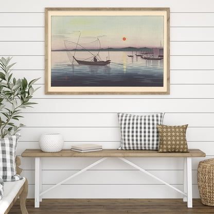 Traditional Japanese boats on calm water at sunset with mountains artwork by Ohara Koson, framed and displayed in home decor