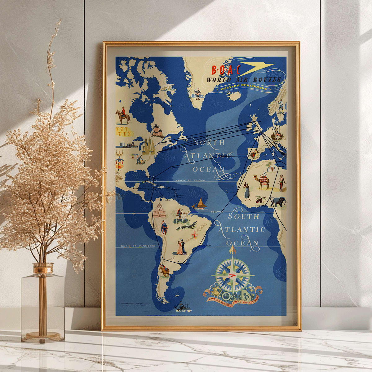 Colorful map and poster of BOAC British Overseas Airways world air routes over the Atlantic Ocean by Seymour EO, framed and displayed in home decor