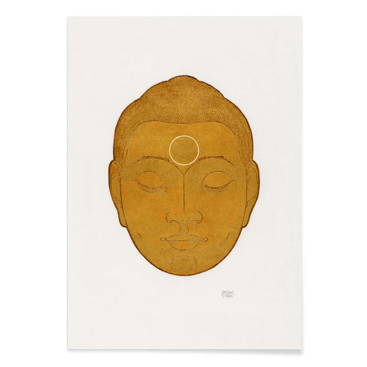 Serene golden Buddha head artwork with closed eyes by Reijer Stolk titled Head of Buddha on white background, with black aluminium frame on white background